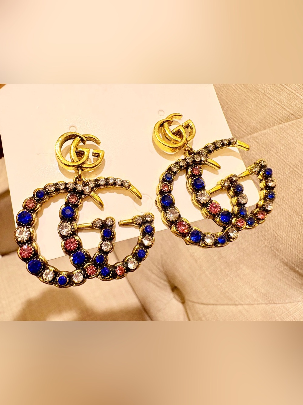 Gucci Gold Double G Hoop Earrings with Blue, Pink & Clear Crystals - Picture 2 of 4